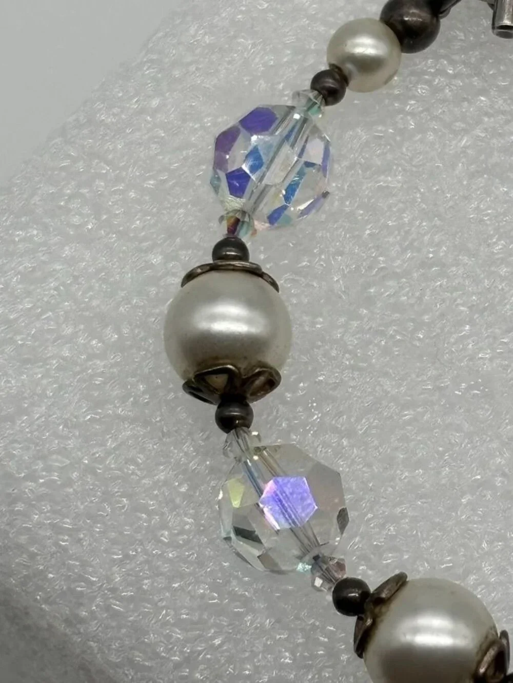 Artisan Made Bracelet With Faceted AB Crystals Faux Pearls Sterling Toggle Clasp